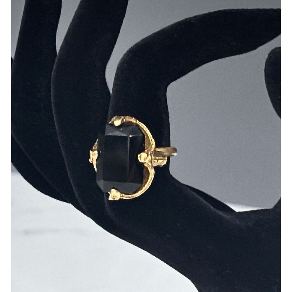 Vintage Black Glass Cocktail Ring Gold Tone Brutalist Textured Adjustable
